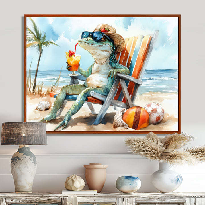 Lizard On A Beach Lounging Chair - Coastal Animal Canvas Wall Art