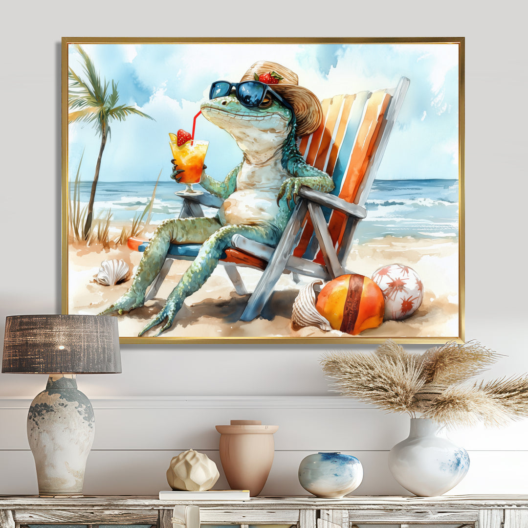 Lizard On A Beach Lounging Chair - Coastal Animal Canvas Wall Art