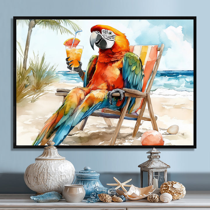 Macaw Parrot On A Beach Lounging Chair - Coastal Animal Canvas Wall Art