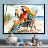 Macaw Parrot On A Beach Lounging Chair - Coastal Animal Canvas Wall Art