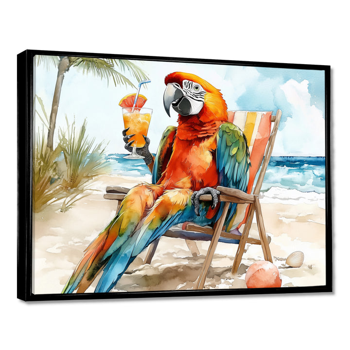 Macaw Parrot On A Beach Lounging Chair - Coastal Animal Canvas Wall Art