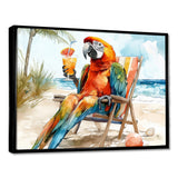 Macaw Parrot On A Beach Lounging Chair - Coastal Animal Canvas Wall Art