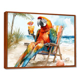 Macaw Parrot On A Beach Lounging Chair - Coastal Animal Canvas Wall Art