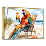 Macaw Parrot On A Beach Lounging Chair - Coastal Animal Canvas Wall Art
