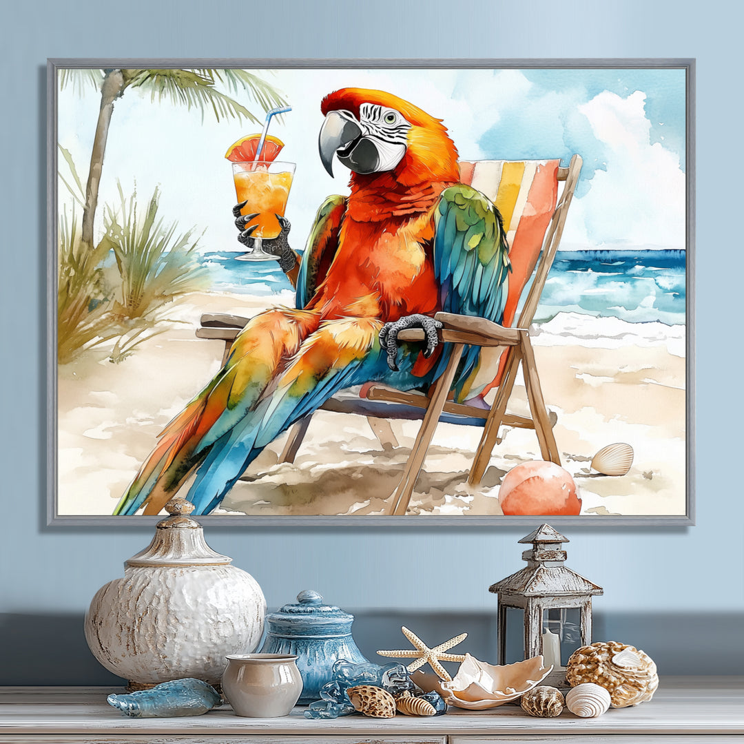 Macaw Parrot On A Beach Lounging Chair - Coastal Animal Canvas Wall Art