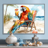 Macaw Parrot On A Beach Lounging Chair - Coastal Animal Canvas Wall Art