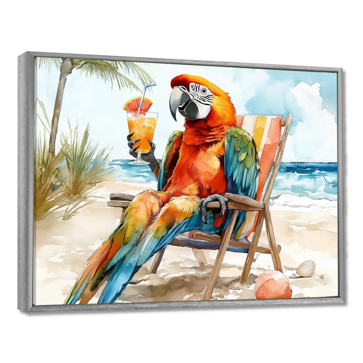 Macaw Parrot On A Beach Lounging Chair - Coastal Animal Canvas Wall Art