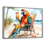 Macaw Parrot On A Beach Lounging Chair - Coastal Animal Canvas Wall Art