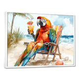 Macaw Parrot On A Beach Lounging Chair - Coastal Animal Canvas Wall Art