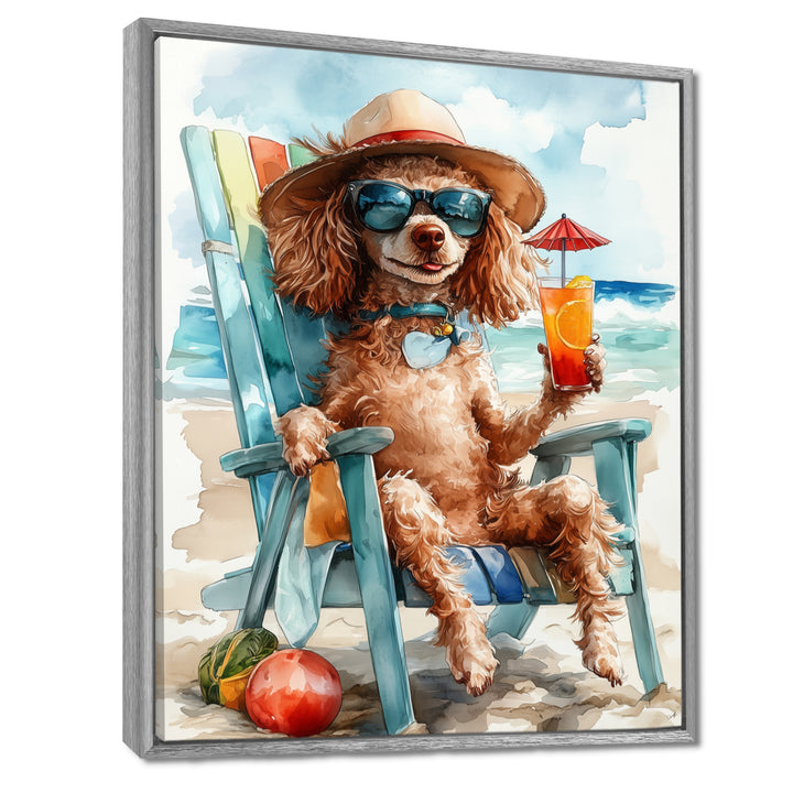 Brown Poodle Dog On The Beach Relaxing - Coastal Animal Wall Art Prints