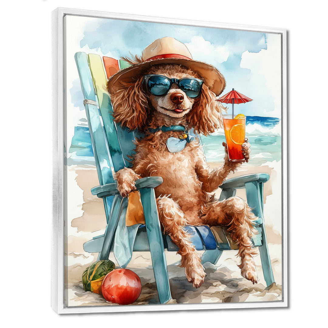 Brown Poodle Dog On The Beach Relaxing - Coastal Animal Wall Art Prints
