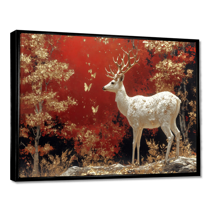 Gold And Red Scandinavian Deer Landscape - Deer Canvas Wall Art