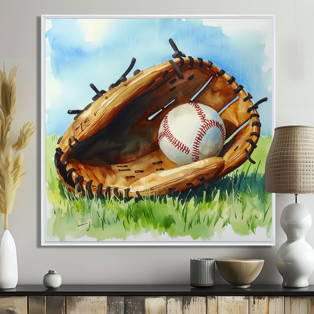 Baseball Glove And Ball In The Grass - Sport Baseball Canvas Wall Art