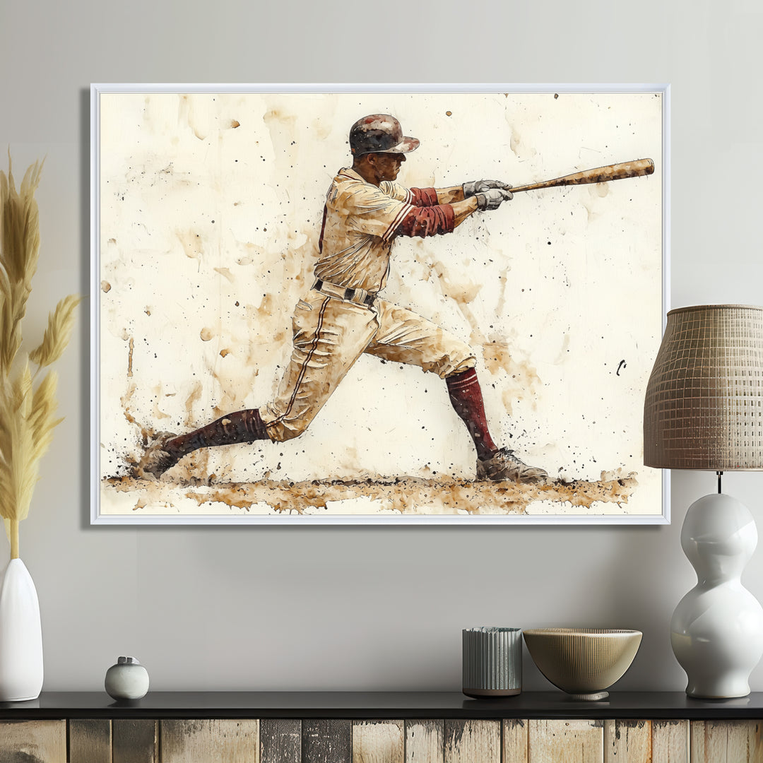 White Red Baseball Player Hitting A Home Run I - Sport Baseball Canvas Wall Art
