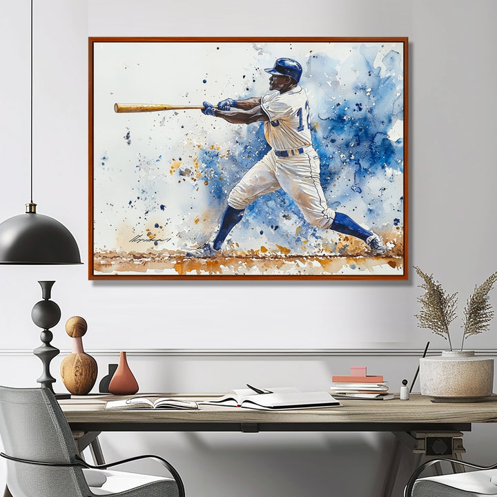 White Blue Baseball Player Hitting A Foul Ball - Sport Baseball Canvas Wall Art