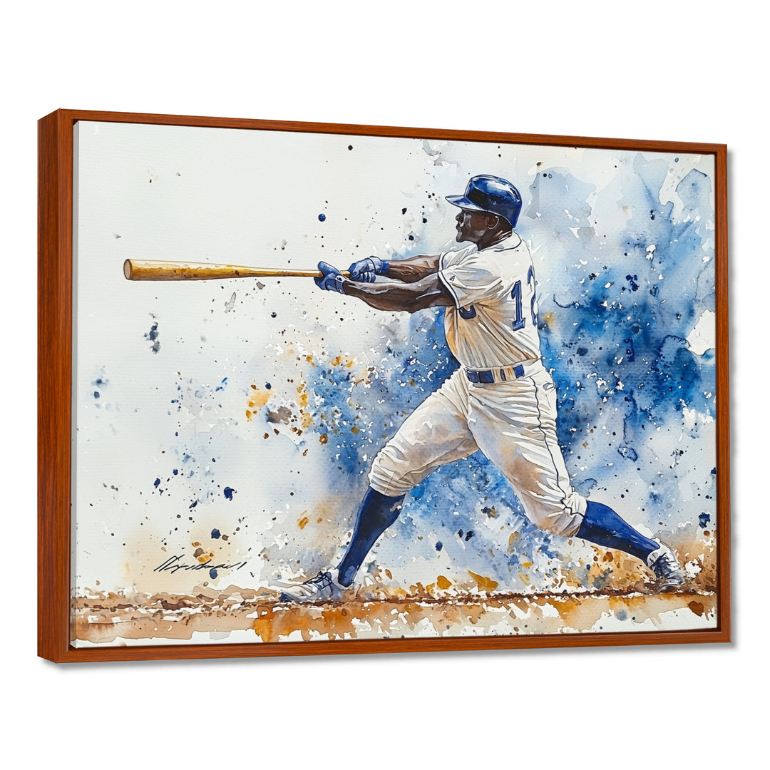 White Blue Baseball Player Hitting A Foul Ball - Sport Baseball Canvas Wall Art