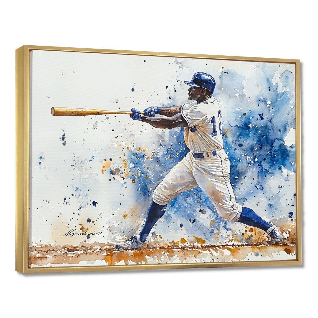 White Blue Baseball Player Hitting A Foul Ball - Sport Baseball Canvas Wall Art