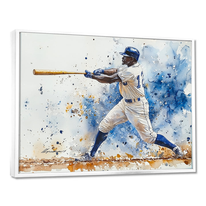 White Blue Baseball Player Hitting A Foul Ball - Sport Baseball Canvas Wall Art