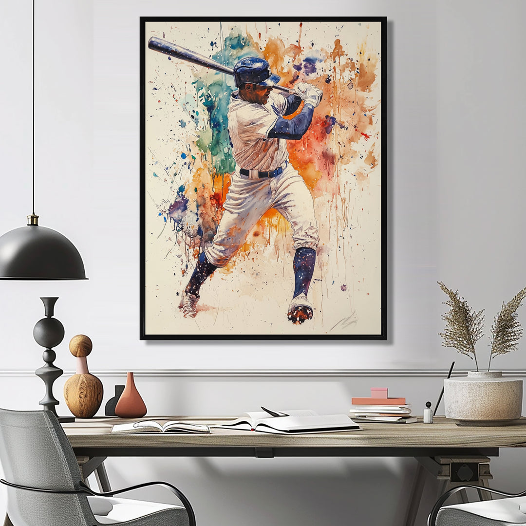White Blue Baseball Player Hitting A Home Run - Sport Baseball Canvas Wall Art