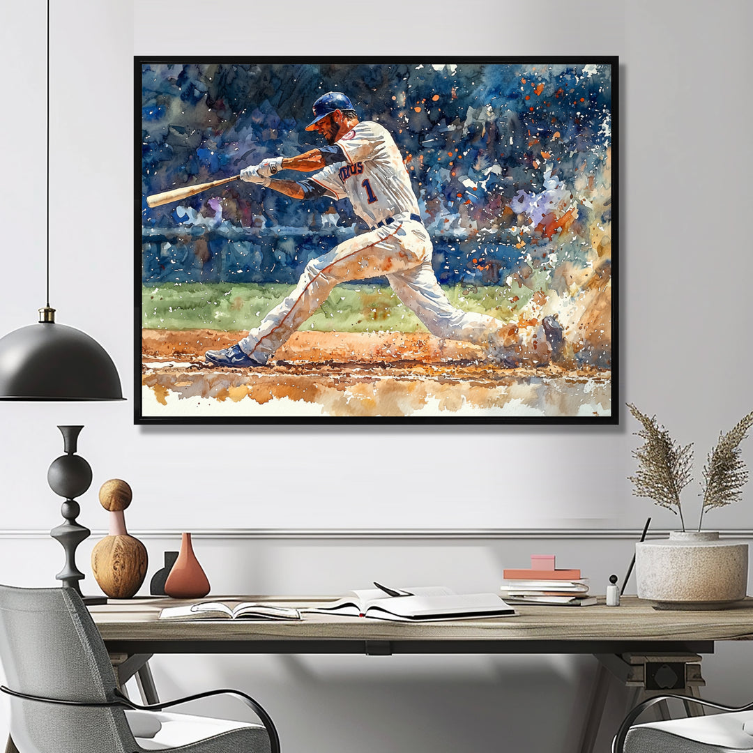 White Blue Baseball Player On The Field - Sport Baseball Canvas Wall Art