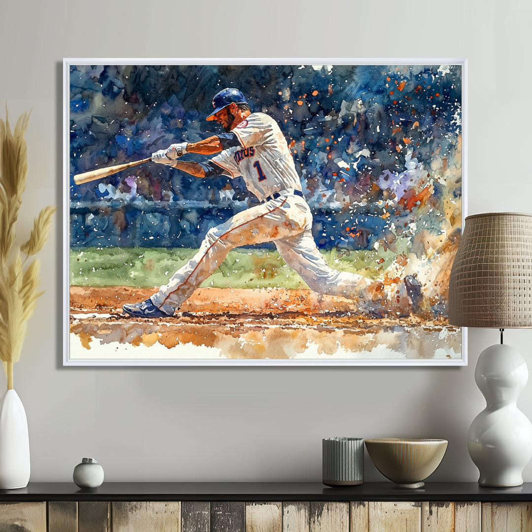 White Blue Baseball Player On The Field - Sport Baseball Canvas Wall Art