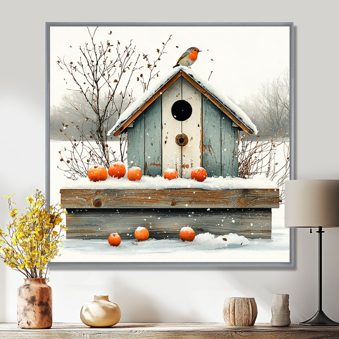 Grey And Orange Bird House Winter Wonderland - Bird House Wall Art Prints