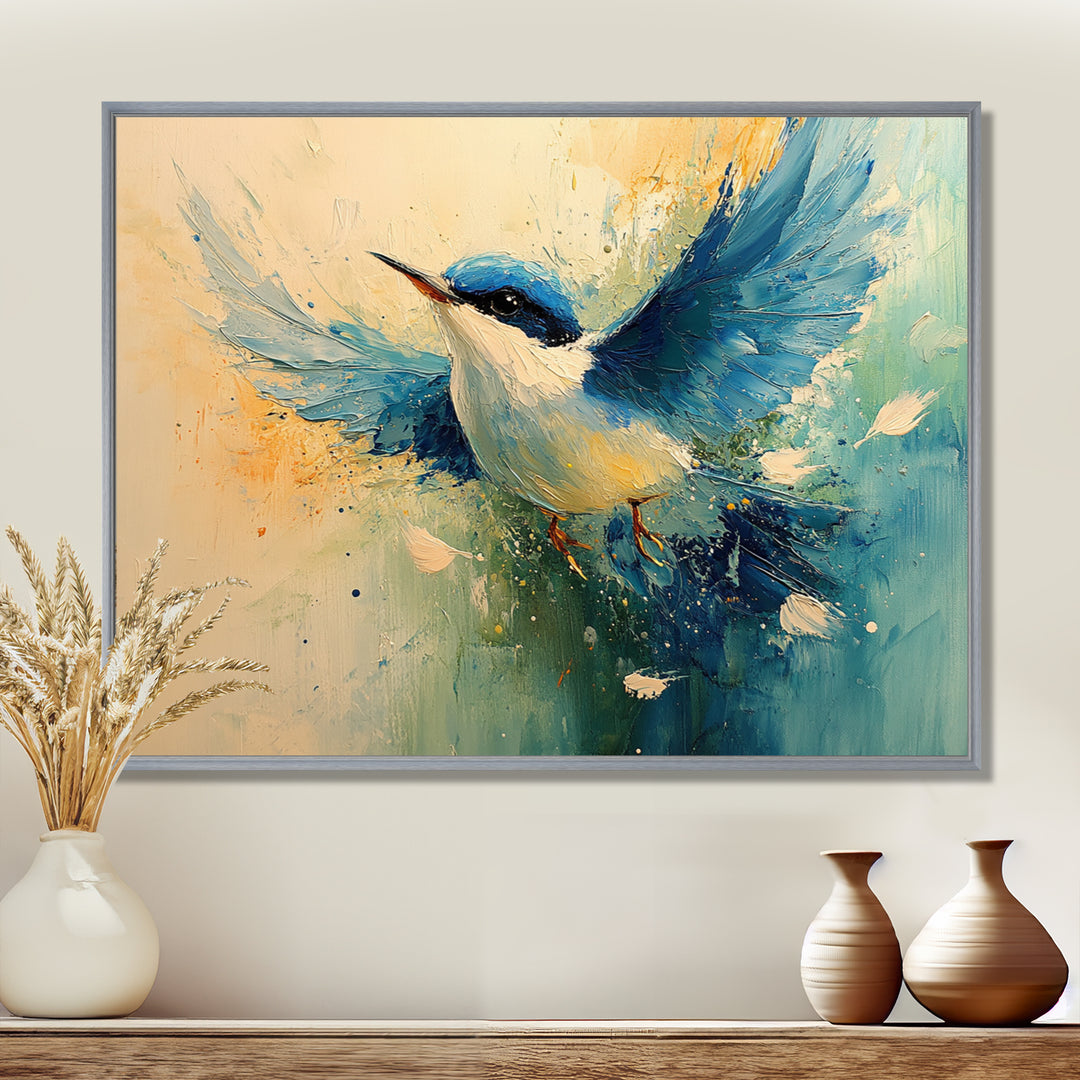 Blue And Yellow Bird Feathered Frenzy - Blue Bird Wall Art
