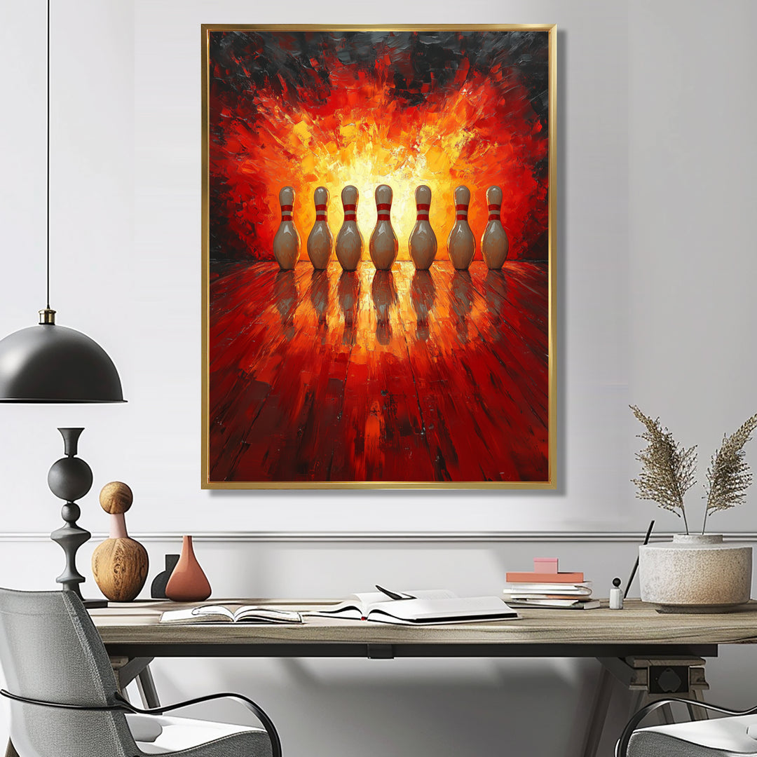 Yellow And Red Bowling Pin Topple - Bowling Canvas Wall Art