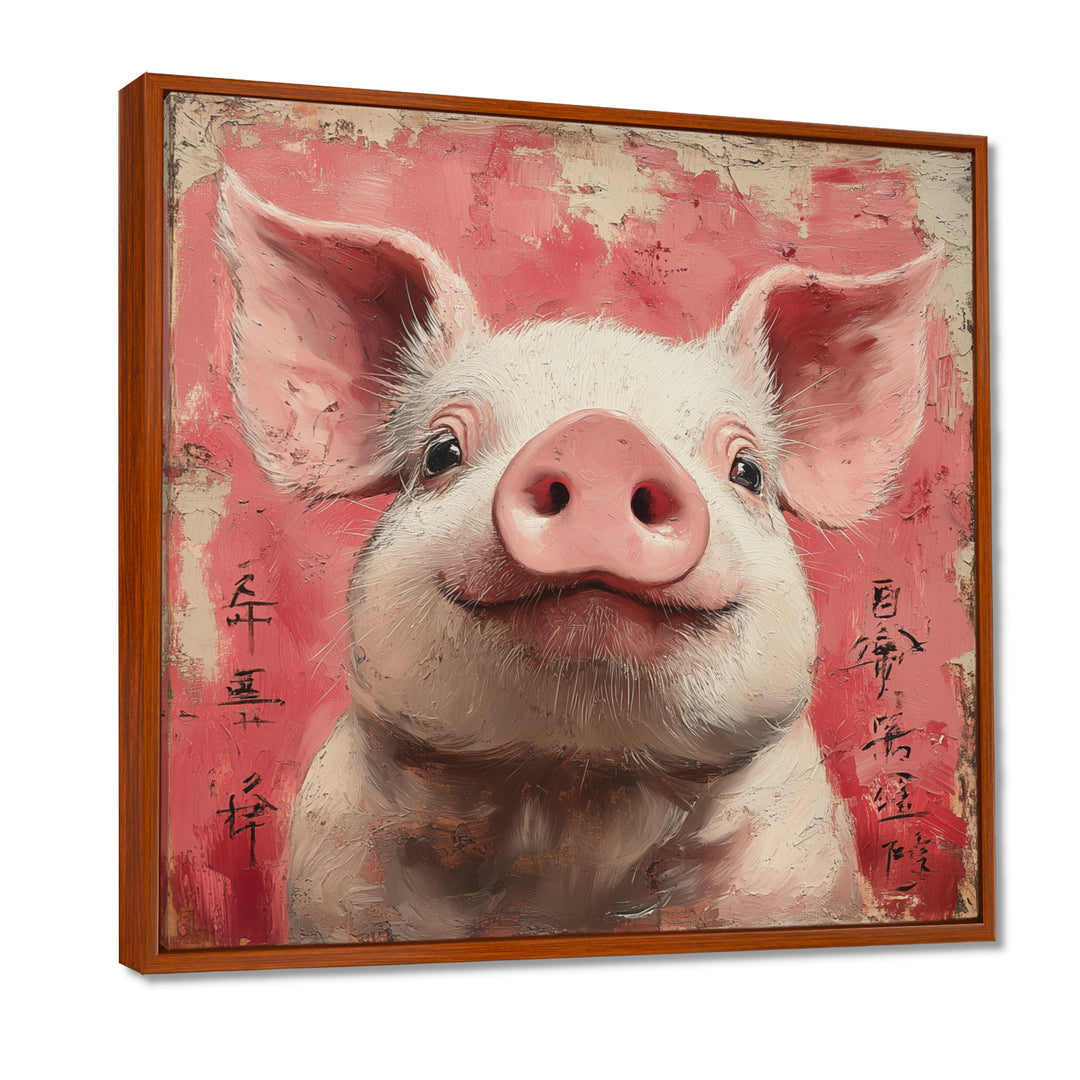 Pink And White China Pig Sign - Pig Canvas Wall Art