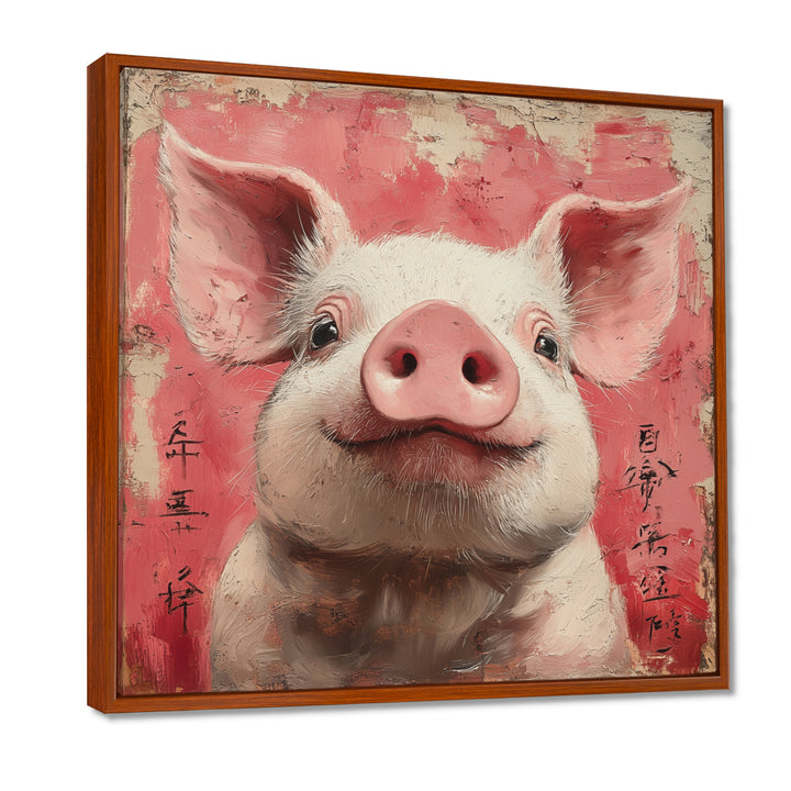 Pink And White China Pig Sign - Pig Canvas Wall Art