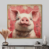 Pink And White China Pig Sign - Pig Canvas Wall Art