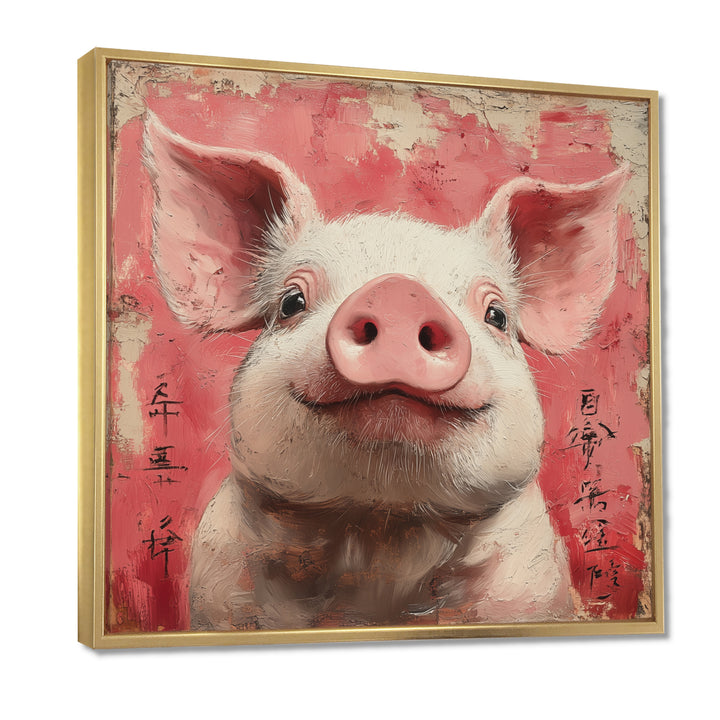 Pink And White China Pig Sign - Pig Canvas Wall Art