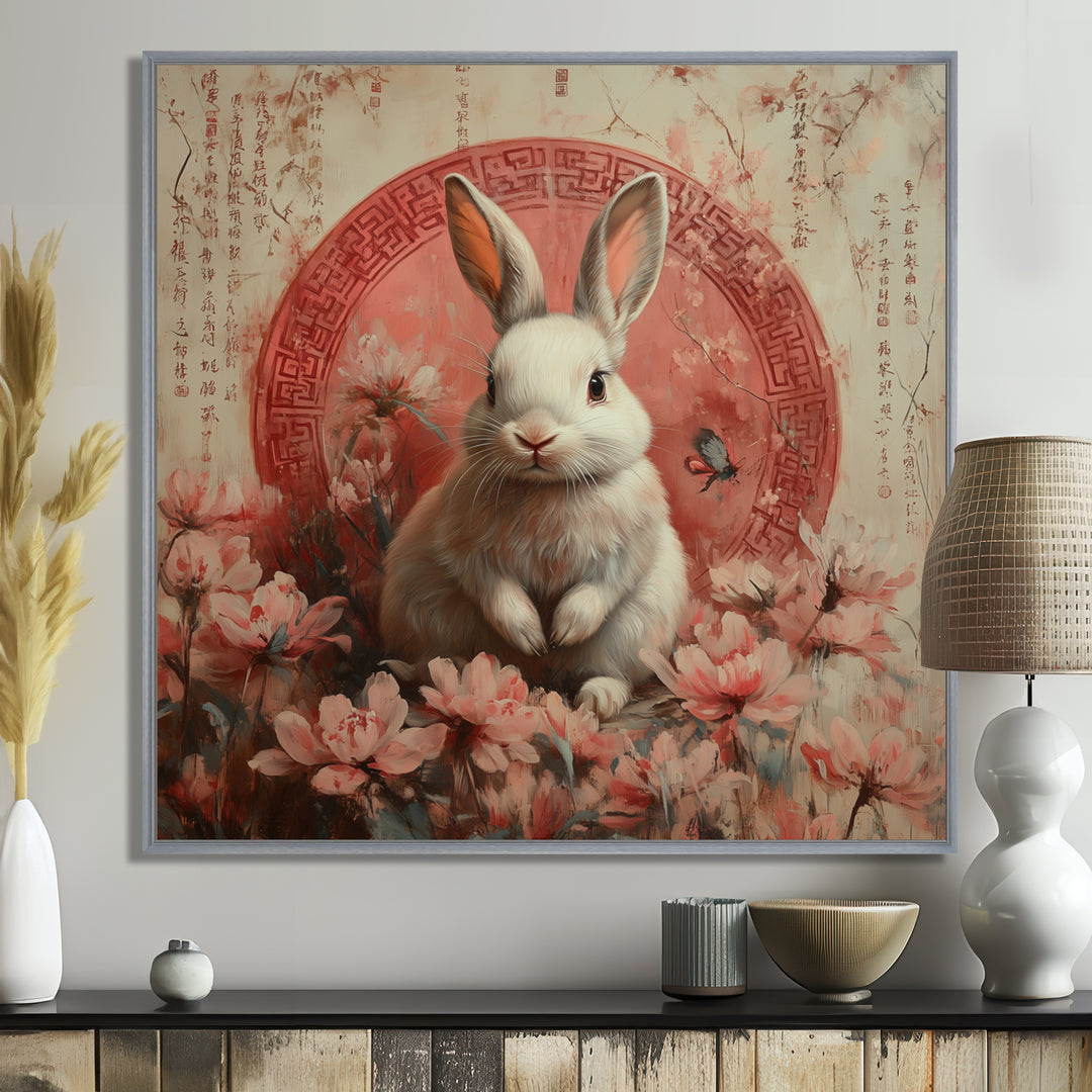 Pink Chinese Pink Sign - Rabbit Canvas Wall Art