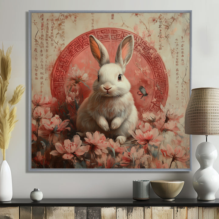 Pink Chinese Pink Sign - Rabbit Canvas Wall Art