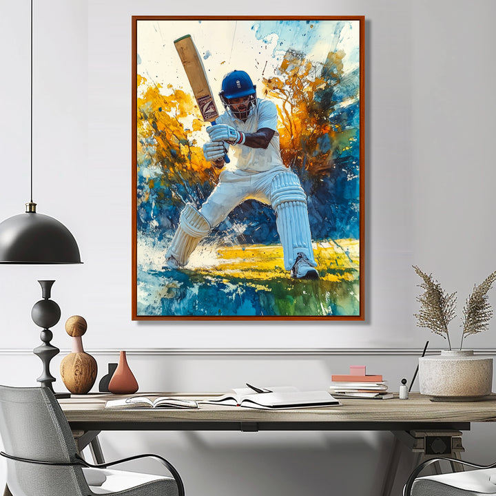 White And Blue Sport Cricket Fielding Frenzy - Cricket Sport Canvas Wall Art