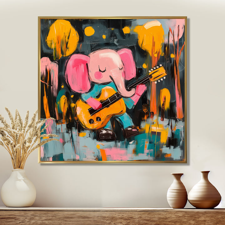 Nursery Elephant Playing Guitar - Elephant Large Canvas Wall Art