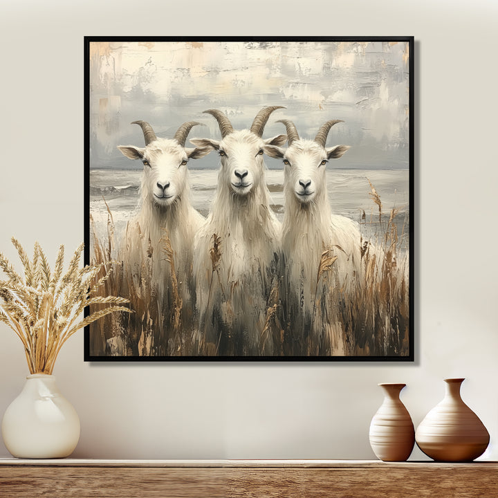 Grey And Brown Minimalism Coastal Goats - Goat Canvas Wall Art