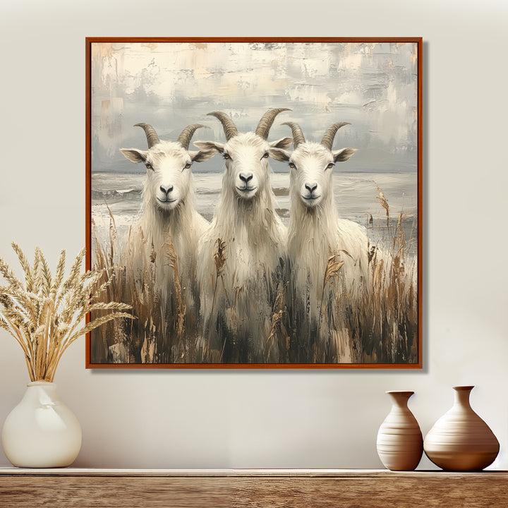 Grey And Brown Minimalism Coastal Goats - Goat Canvas Wall Art