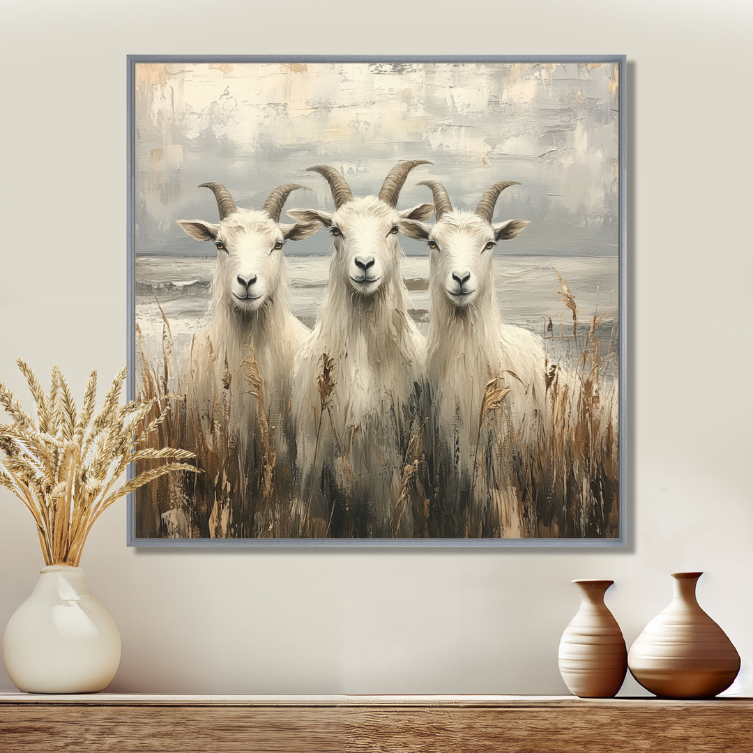Grey And Brown Minimalism Coastal Goats - Goat Canvas Wall Art