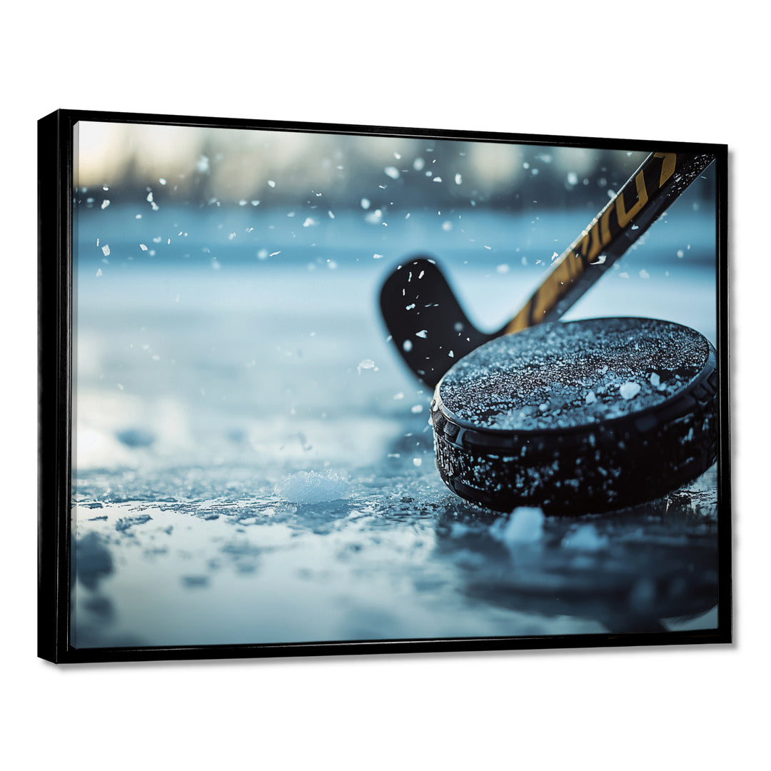 Black Hockey Stick And Rubber Puck I - Sport Hockey Canvas Wall Art
