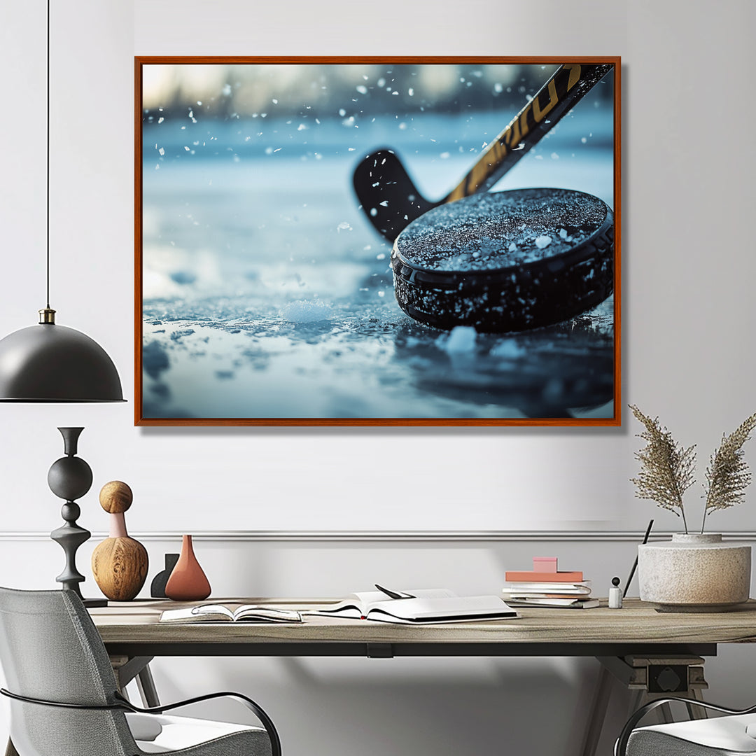 Black Hockey Stick And Rubber Puck I - Sport Hockey Canvas Wall Art