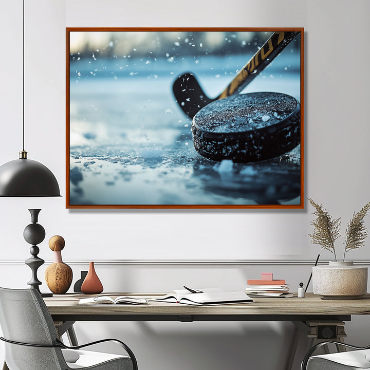 Black Hockey Stick And Rubber Puck I - Sport Hockey Canvas Wall Art