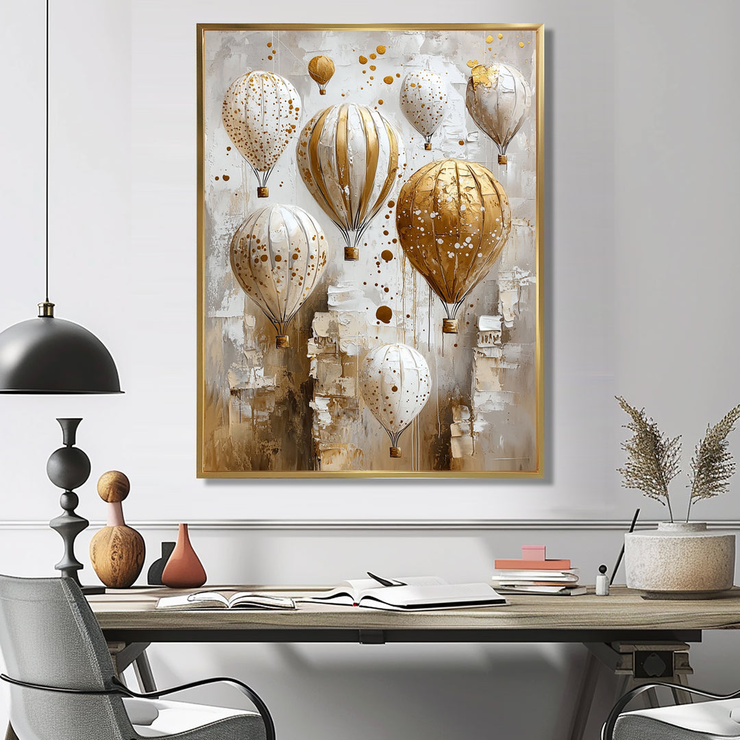 Hot Air Balloon In Gold And White Tones I - Hot Air Balloon Canvas Wall Art