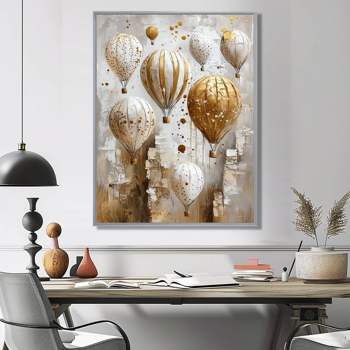 Hot Air Balloon In Gold And White Tones I - Hot Air Balloon Canvas Wall Art