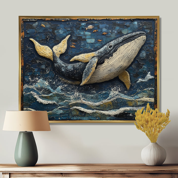 Whale In Blue And White Tones - Whale Living Room Wall Art