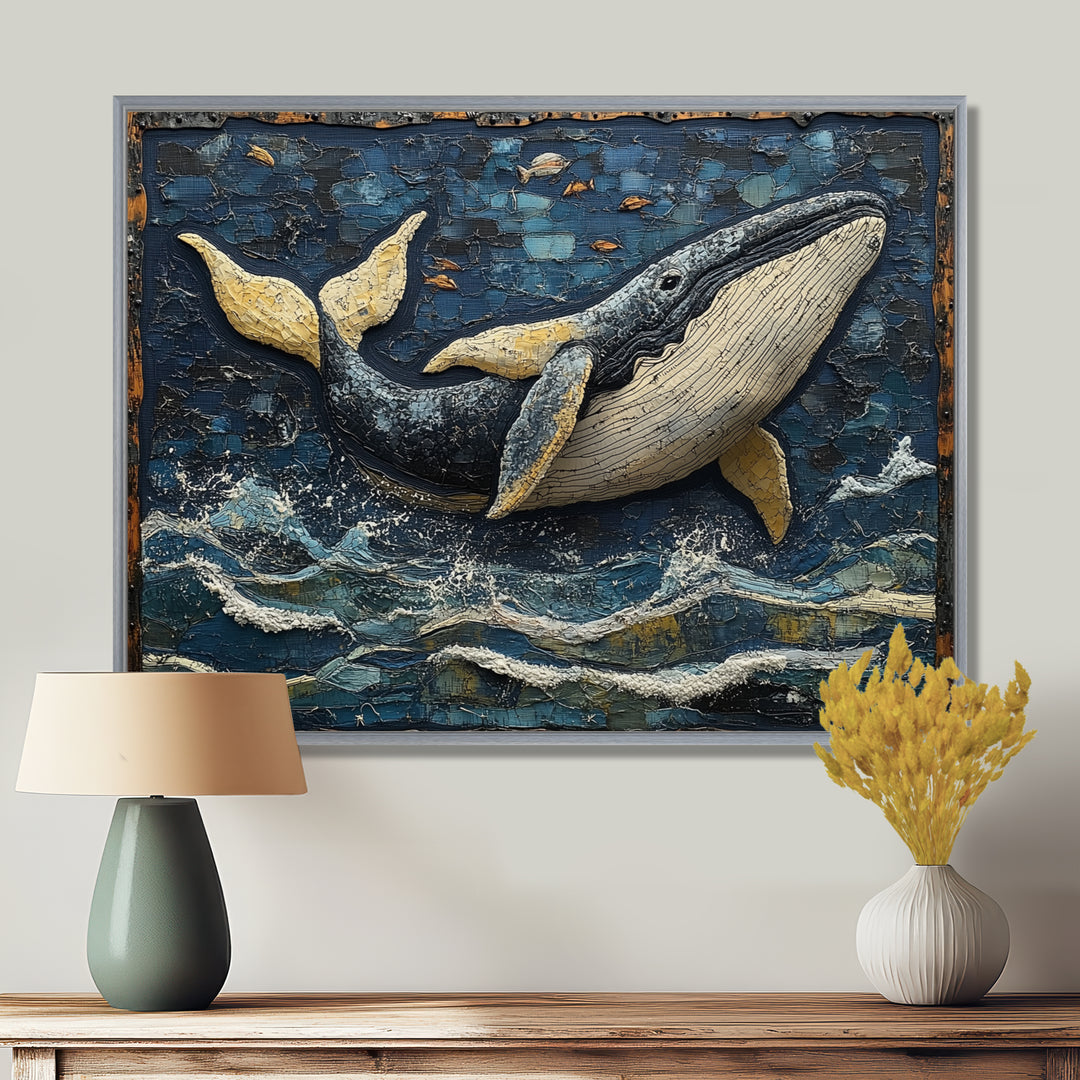 Whale In Blue And White Tones - Whale Living Room Wall Art