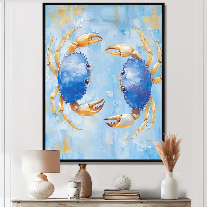 Blue Coastal Crab Battle - Crab Canvas Wall Art