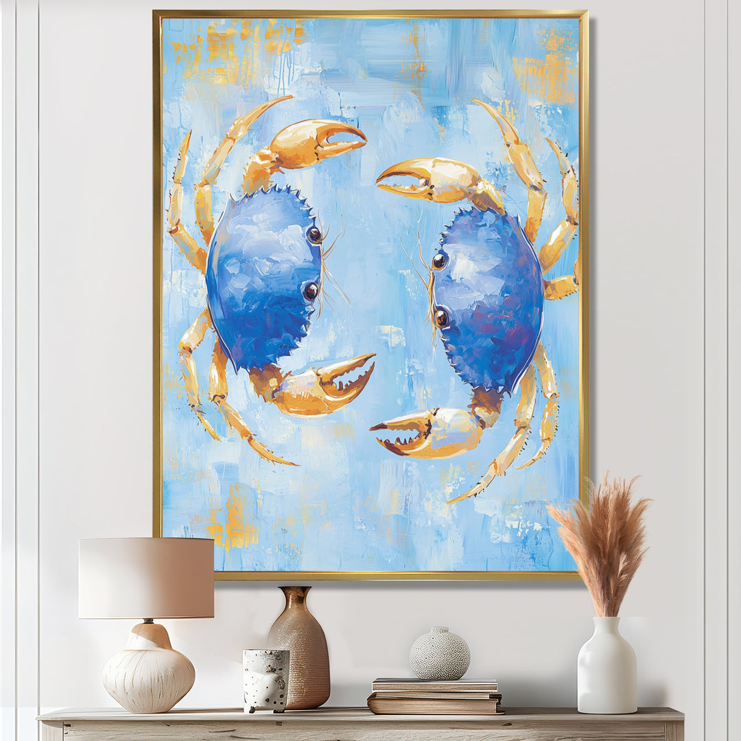 Blue Coastal Crab Battle - Crab Canvas Wall Art