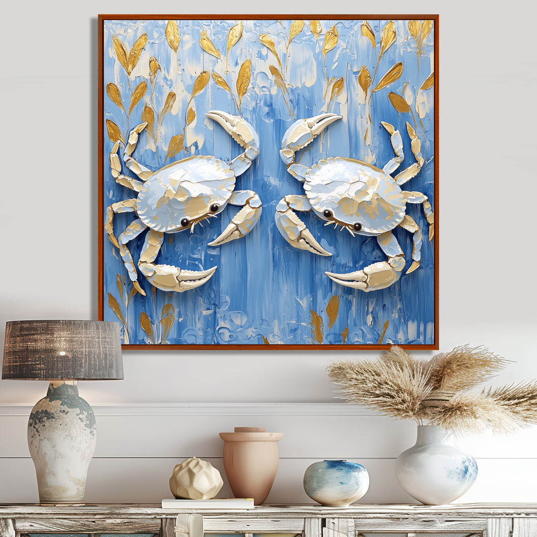 Blue White Coastal Crab Battle - Crab Wall Decor