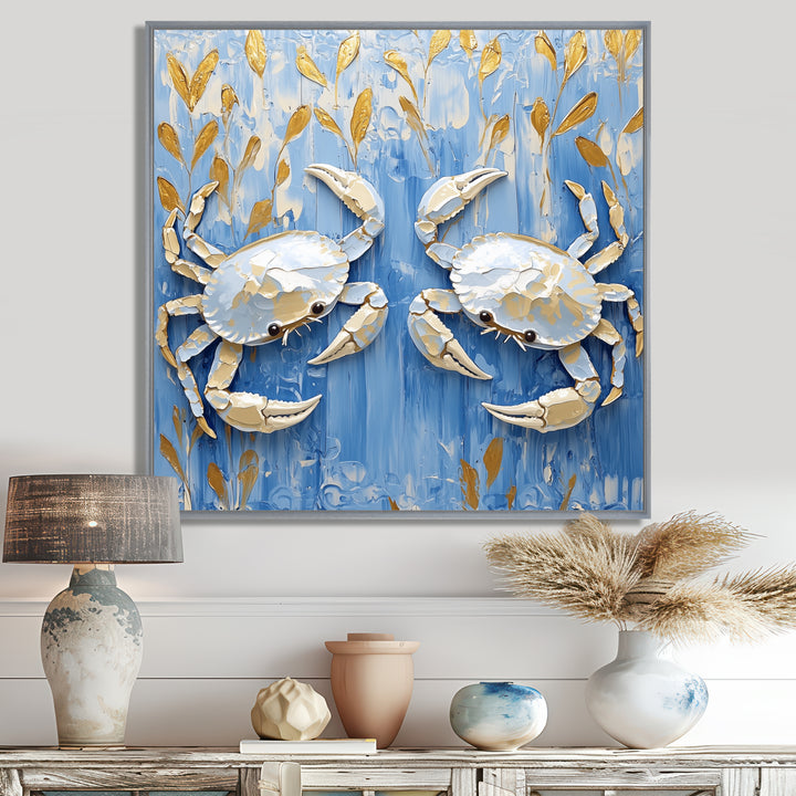 Blue White Coastal Crab Battle - Crab Wall Decor